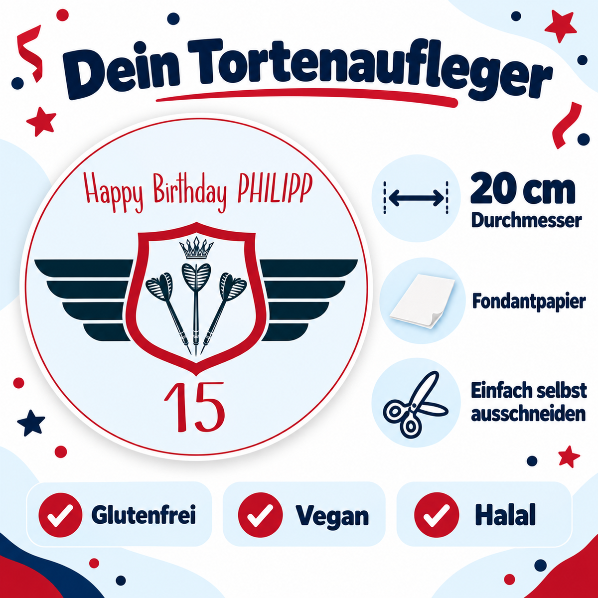 MUCKKI-PRO:ea462bf7c125dbe776b52b9ff6e8c3eec4f47b2095a216b61f16fdb4b9bfd8c0:Tortenaufleger Geburtstag Dart 2 Name & Zahl (20cm) Fondant Papier