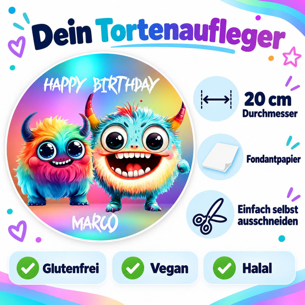 MUCKKI-PRO:5aa30c5e457a0ed6cbc93173b9a6ad95e9c6c026752e0daa1175d4a173e945f8:Tortenaufleger Geburtstag Kleines-Monster 1 Name & Zahl (20cm) Fondant Papier