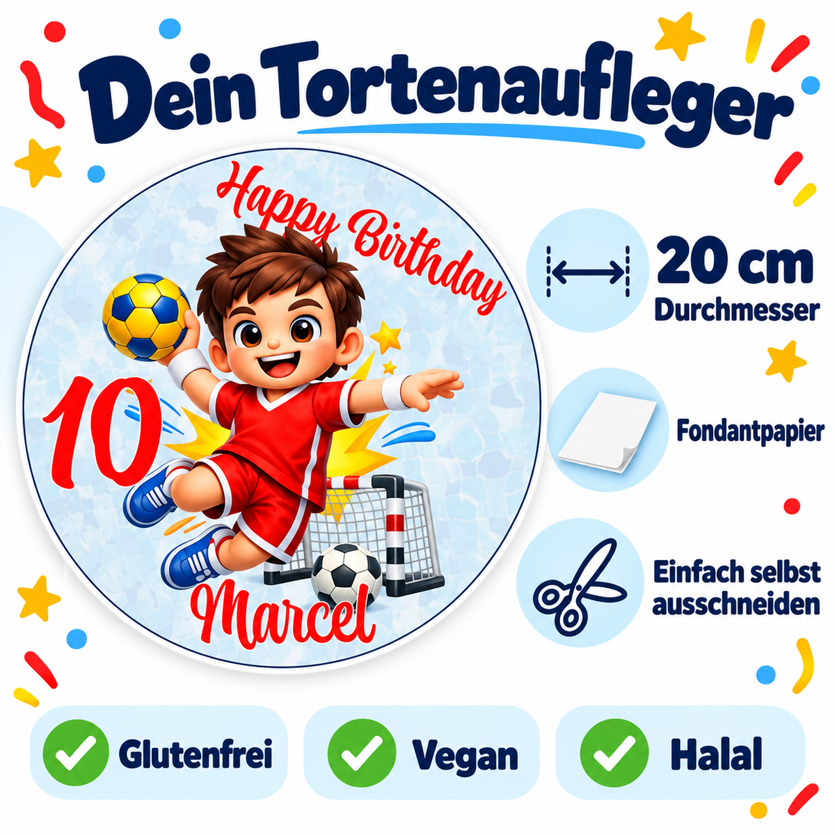 MUCKKI-PRO:1dc9c089fa32c064597a696b4fcada56c3e93a5b45c348586e941dd68c6d7fec:Tortenaufleger Geburtstag Handball 1 Name & Zahl (20cm) Fondant Papier