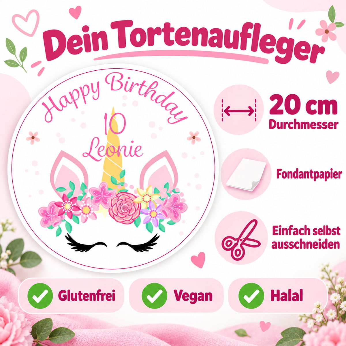 MUCKKI-PRO:5714b4bea0fee338424e185c59944e4408235f5a7afd928fc304d975b03cd05a:Tortenaufleger Geburtstag Einhorn 2 Name & Zahl (20cm) Fondant Papier