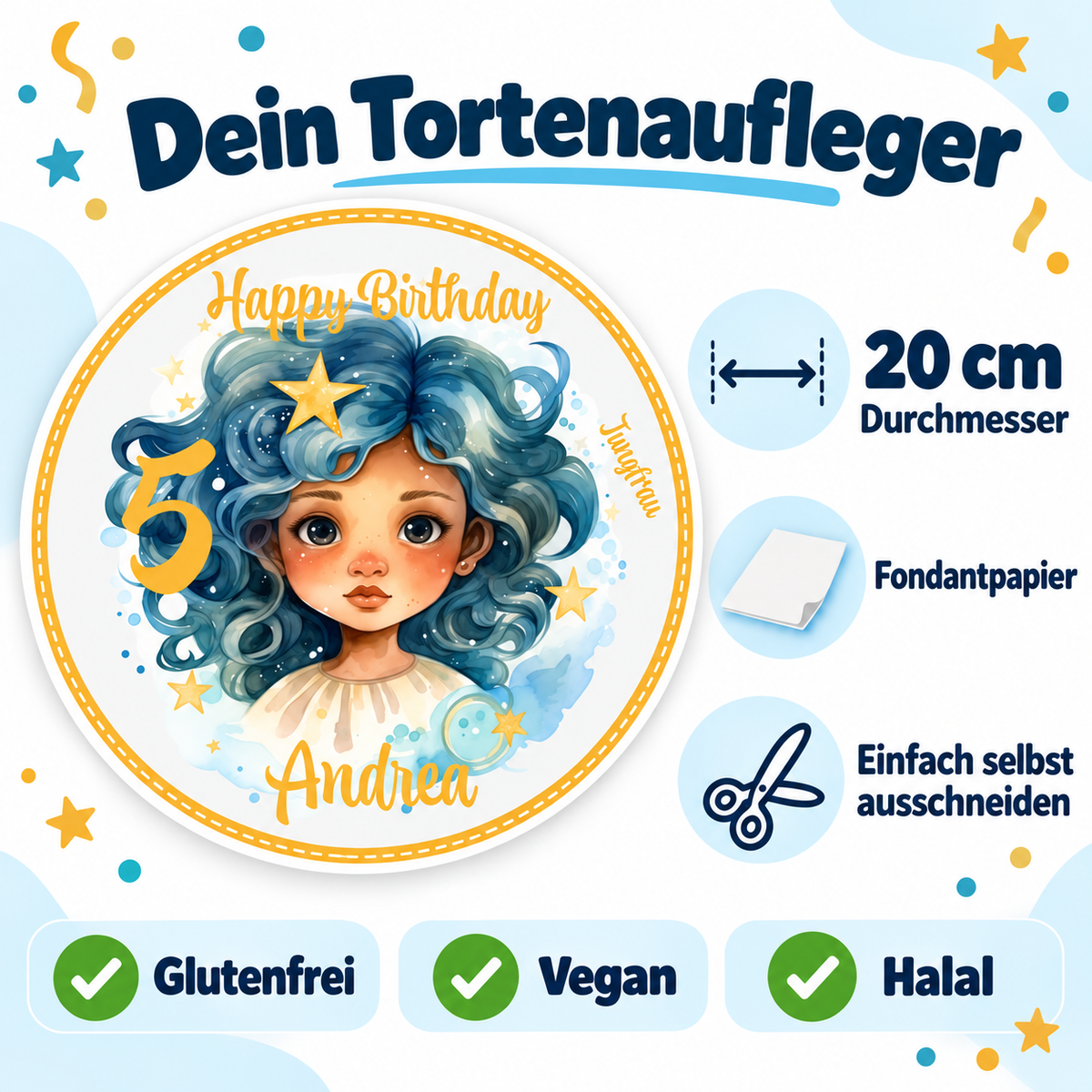 MUCKKI-PRO:6c5140868283c83b2886c1943fce254ca31970d172d010e1eaea08cb05bcfe76:Tortenaufleger Geburtstag Sternzeichen Jungfrau 1 Name & Zahl (20cm) Fondant Papier
