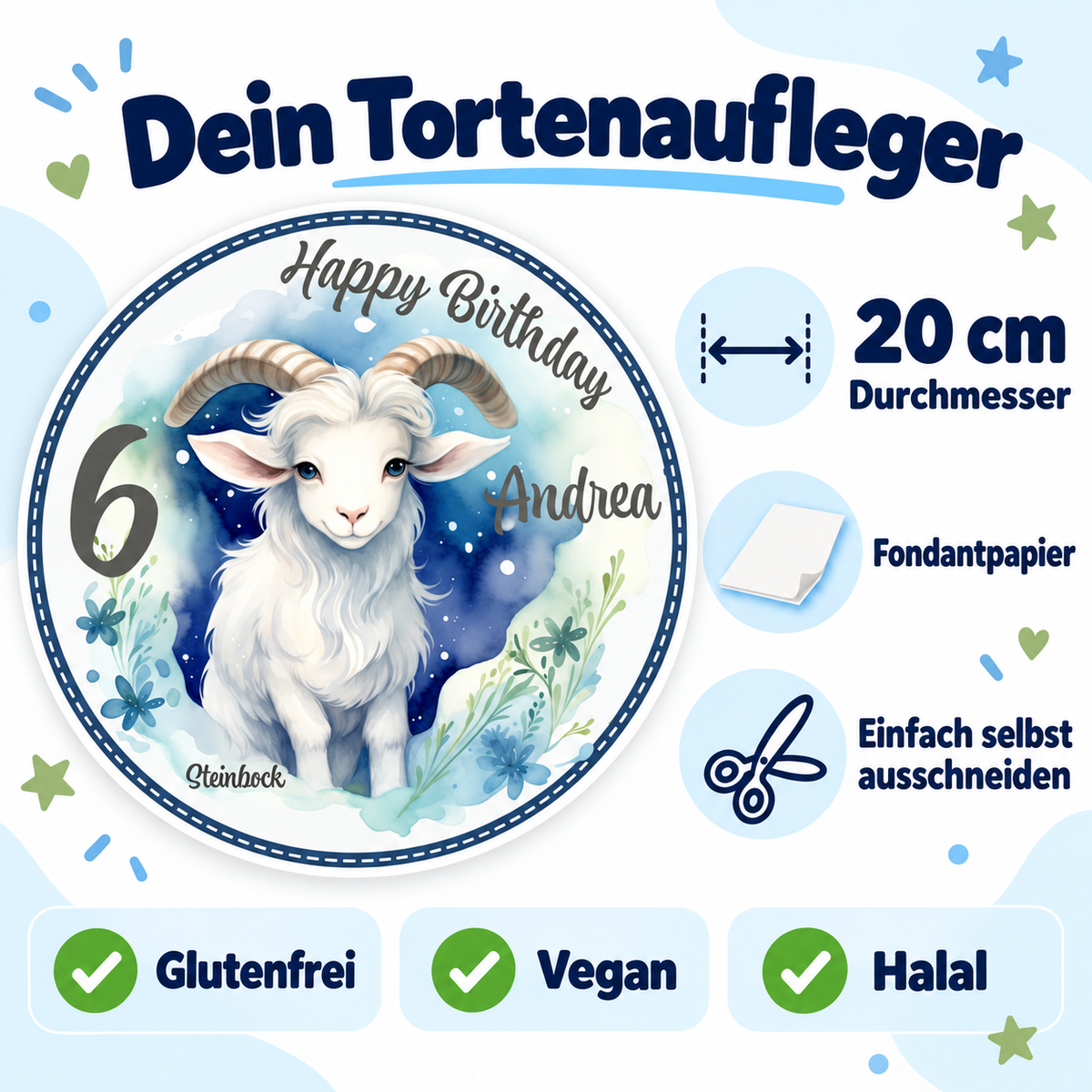 MUCKKI-PRO:23b5dd83b8f2309dd3be99e983b6492a543fccece14bf7a100227709b57c7785:Tortenaufleger Geburtstag Sternzeichen Steinbock 1 Name & Zahl (20cm) Fondant Papier