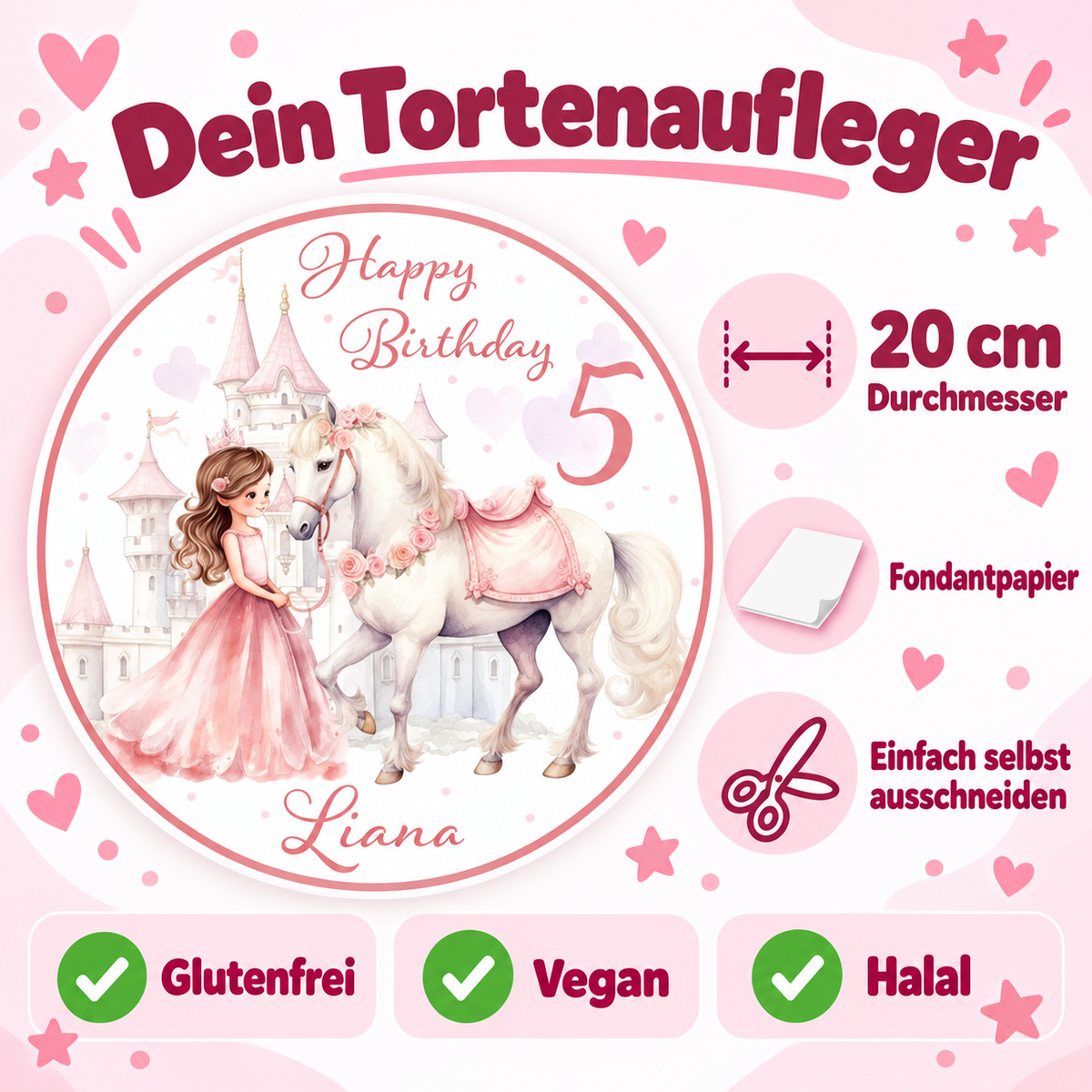 Tortenaufleger Geburtstag Prinzessin 3 mit Name und Alter – rund oder eckig