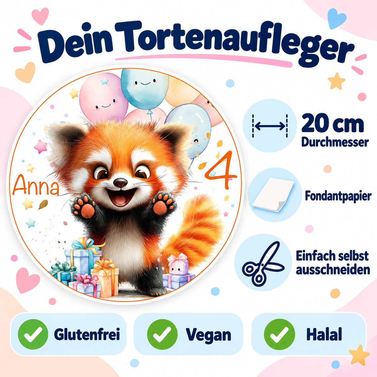 MUCKKI-PRO:964c5281b9d46147920f6e10468b76583a58621ebe327e3bfbd7d1b4bdf7c072:Tortenaufleger Geburtstag Roter - Panda 1 Name & Zahl (20cm) Fondant Papier
