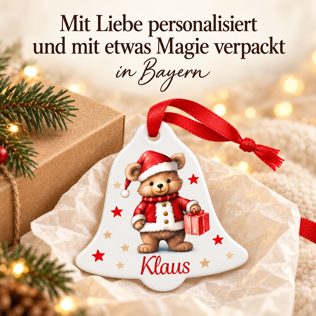Weihnachtsanhänger personalisiert Teddy Sterne mit 1 Namen – Rund, Stern, Herz oder Glocke