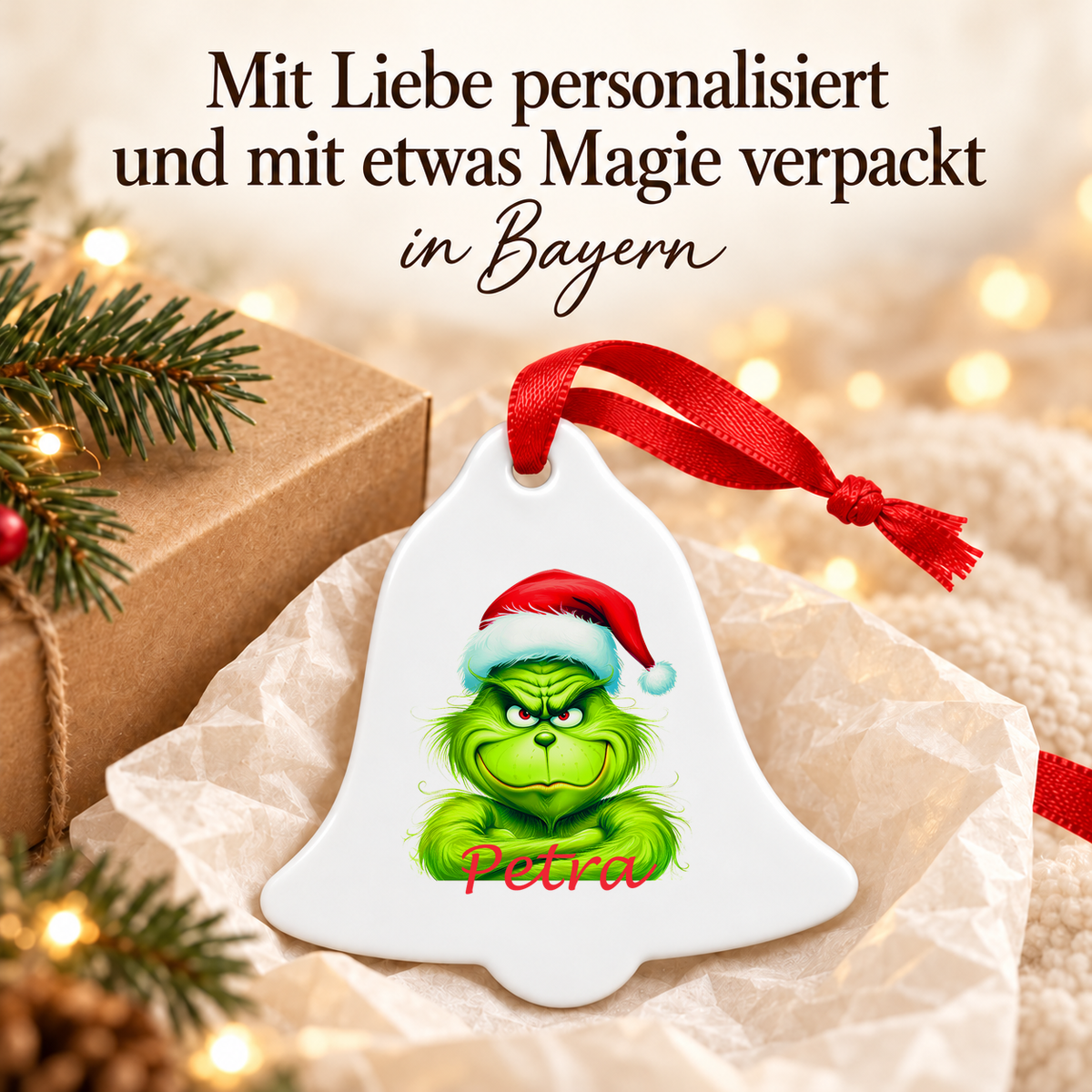 MUCKKI-PRO:6334dcd42b3e47a04450c3380e102ce82fc0d2ccae37f09b6a8ccd4c5761f5fc:Weihnachtsanhänger personalisiert Grinch 2 mit Wunschnamen – Rund, Stern, Herz oder Glocke