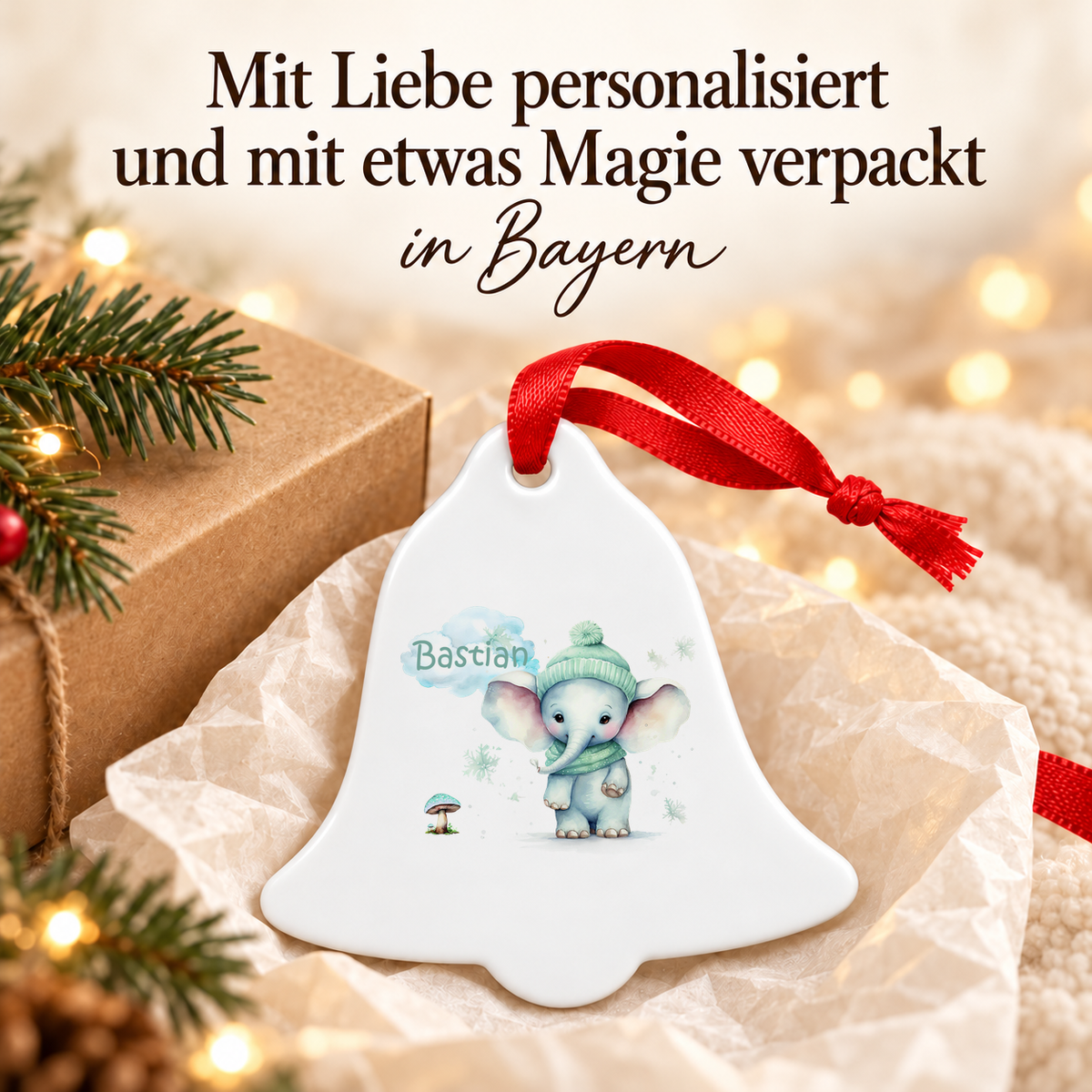 MUCKKI-PRO:b935bcf2110c3170e8afb72367fc66def288e43a35db11e1a0a505487004b11b:Weihnachtsanhänger personalisiert Elefant mit Wunschnamen – Rund, Stern, Herz oder Glocke