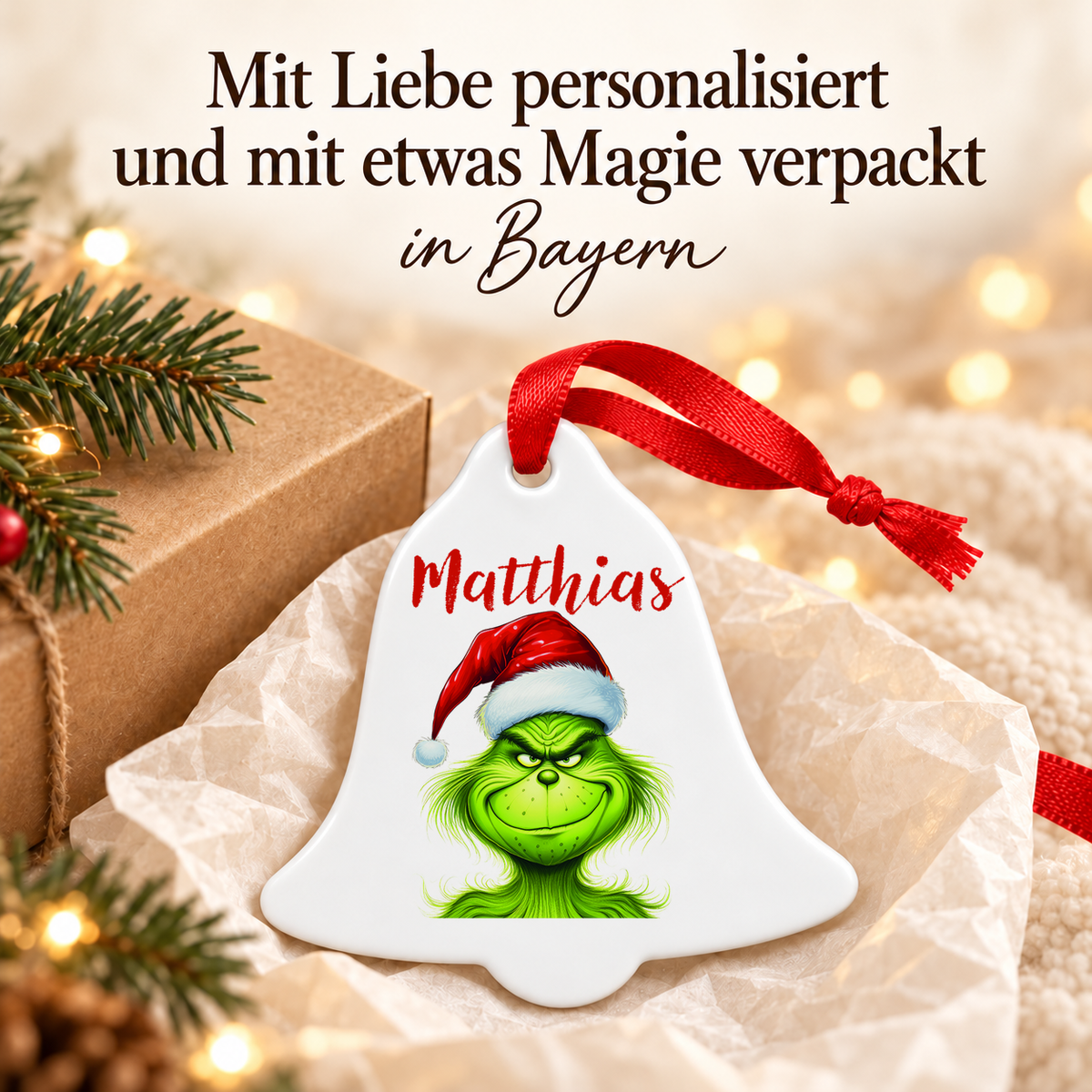 MUCKKI-PRO:538856a2d97af7974cae09784816a528b2c277d39690874ab50453c61ca4b5c7:Weihnachtsanhänger personalisiert Grinch 3 mit Wunschnamen – Rund, Stern, Herz oder Glocke