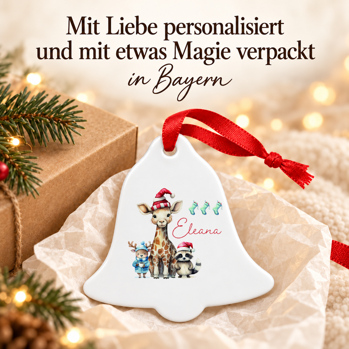 MUCKKI-PRO:b291c8400f2e43113fc7b17b5182562cecddc3e4f38b4d5a7176a8d2b9d08d75:Weihnachtsanhänger personalisiert Tiere mit Wunschnamen – Rund, Stern, Herz oder Glocke
