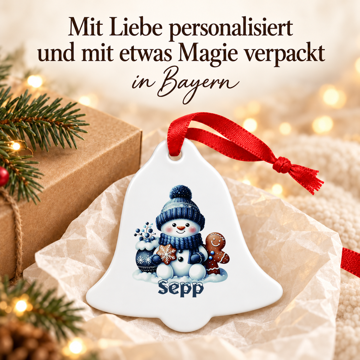 Weihnachtsanhänger personalisiert Schneemann 4 mit Wunschnamen – Rund, Stern, Herz oder Glocke
