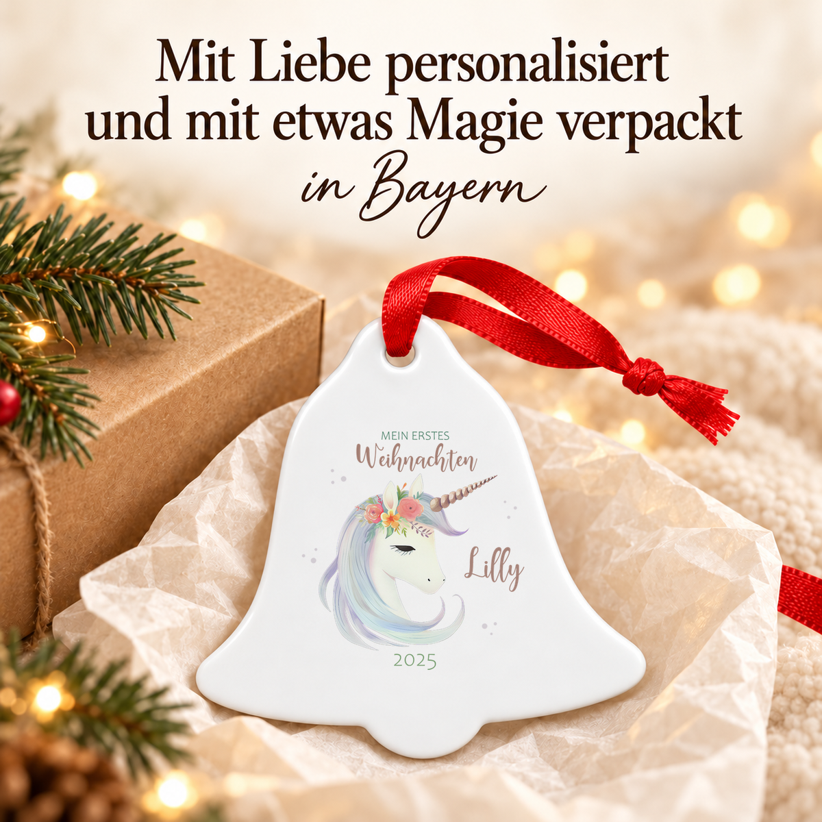 Weihnachtsanhänger personalisiert Einhorn 1 – mein erstes Weihnachten mit Wunschnamen – Rund, Stern, Herz oder Glocke