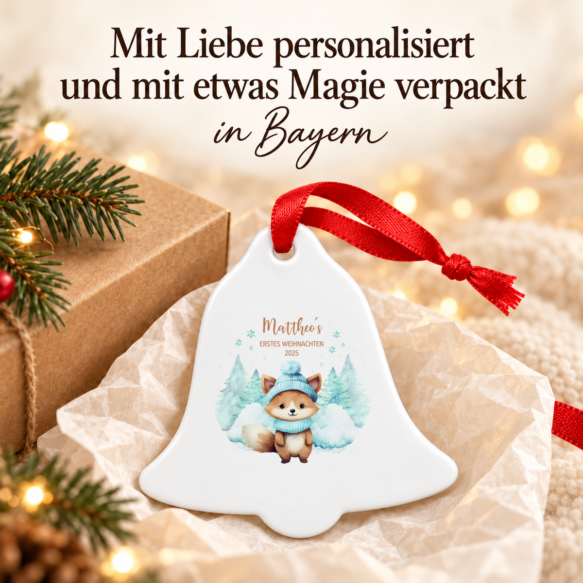 MUCKKI-PRO:86fdd9b79bb0ede9da349edbf3b1bd7f43b91e29f2e73a384f74c6bba82d5d25:Weihnachtsanhänger personalisiert Fuchs – mein erstes Weihnachten mit Wunschnamen – Rund, Stern, Herz oder Glocke