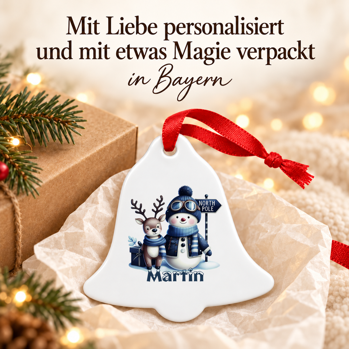 MUCKKI-PRO:2e3748e2b6703517c97751c6b2b596910954497a25f117c50de27401abb17186:Weihnachtsanhänger personalisiert Schneemann 5 mit Wunschnamen – Rund, Stern, Herz oder Glocke