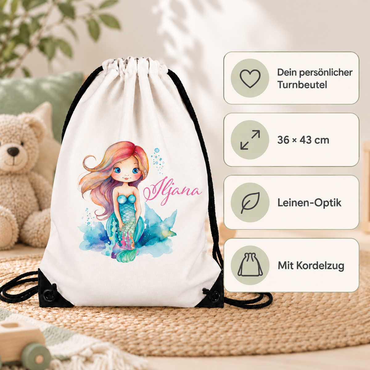 MUCKKI-PRO:be08a8fd05cd068ec6bca5140f55484ab88006073a0f5e50b89dee2f98872ca8:Turnbeutel Meerjungfrau 2 mit Wunschname personalisiert