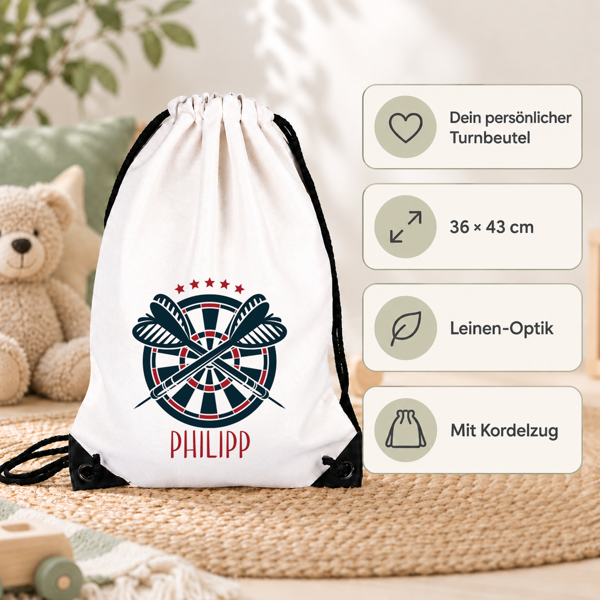 MUCKKI-PRO:2ff43ae0bb5b50db7b71cf7854c6c550bdca61acf88b3b7e070a1dd46c2cb2ed:Turnbeutel Dart 1 mit Wunschname personalisiert