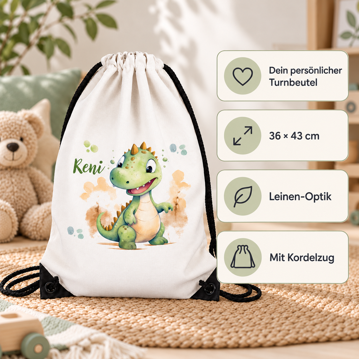 MUCKKI-PRO:f418600c5d9a84a173c412bfbeeb327751513c546af33eb2f1c11d97c5c809e6:Turnbeutel Dino 3 mit Wunschname personalisiert
