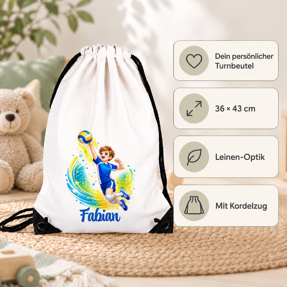MUCKKI-PRO:52f8beb276add4985cda7d2f930e09eb53d7031b6a5c74f3ca1e4451a069abb9:Turnbeutel Volleyball 2 mit Wunschname personalisiert