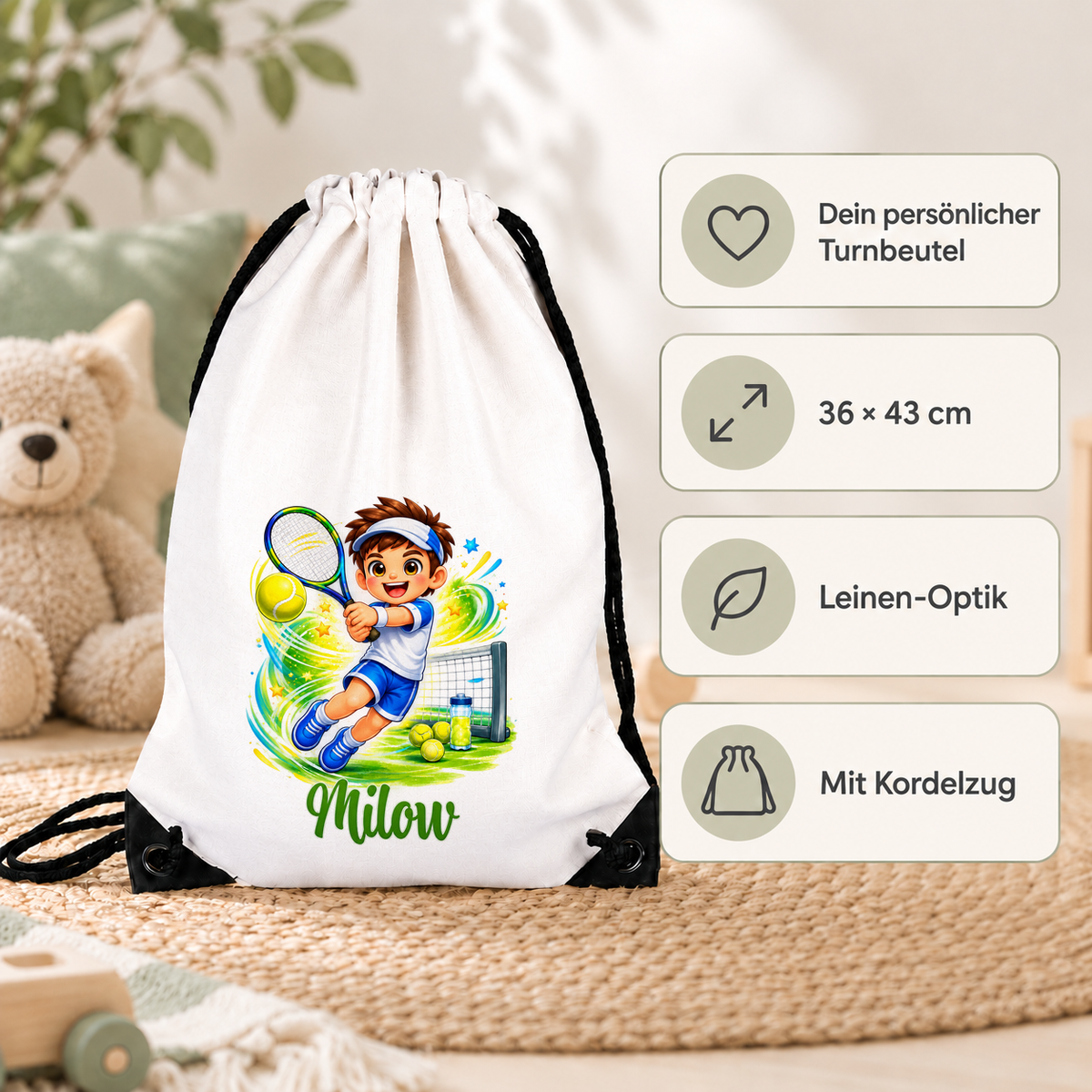 MUCKKI-PRO:65dea28686a0a5fe233d3d4672abee7486c2d87f3835dc7516f8dfc95ff2fb86:Turnbeutel Tennis 1 mit Wunschname personalisiert