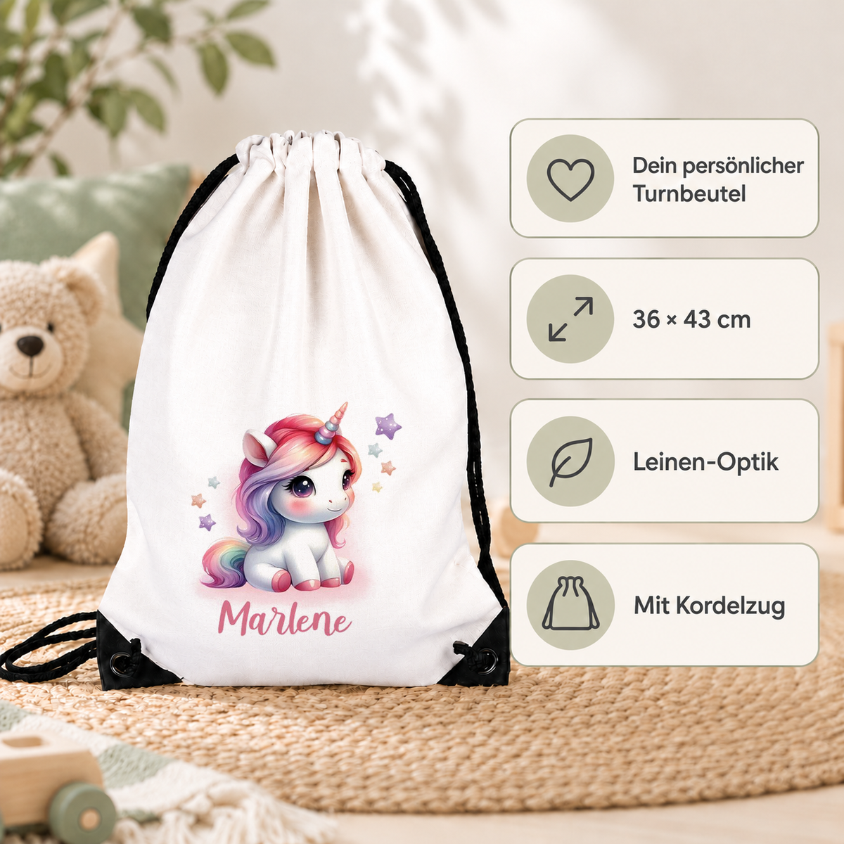 MUCKKI-PRO:4670dd07a341856840a2109c17d32bdcf485a44e1dd804c413b3eed4857b5d50:Turnbeutel Einhorn 10 mit Wunschname personalisiert
