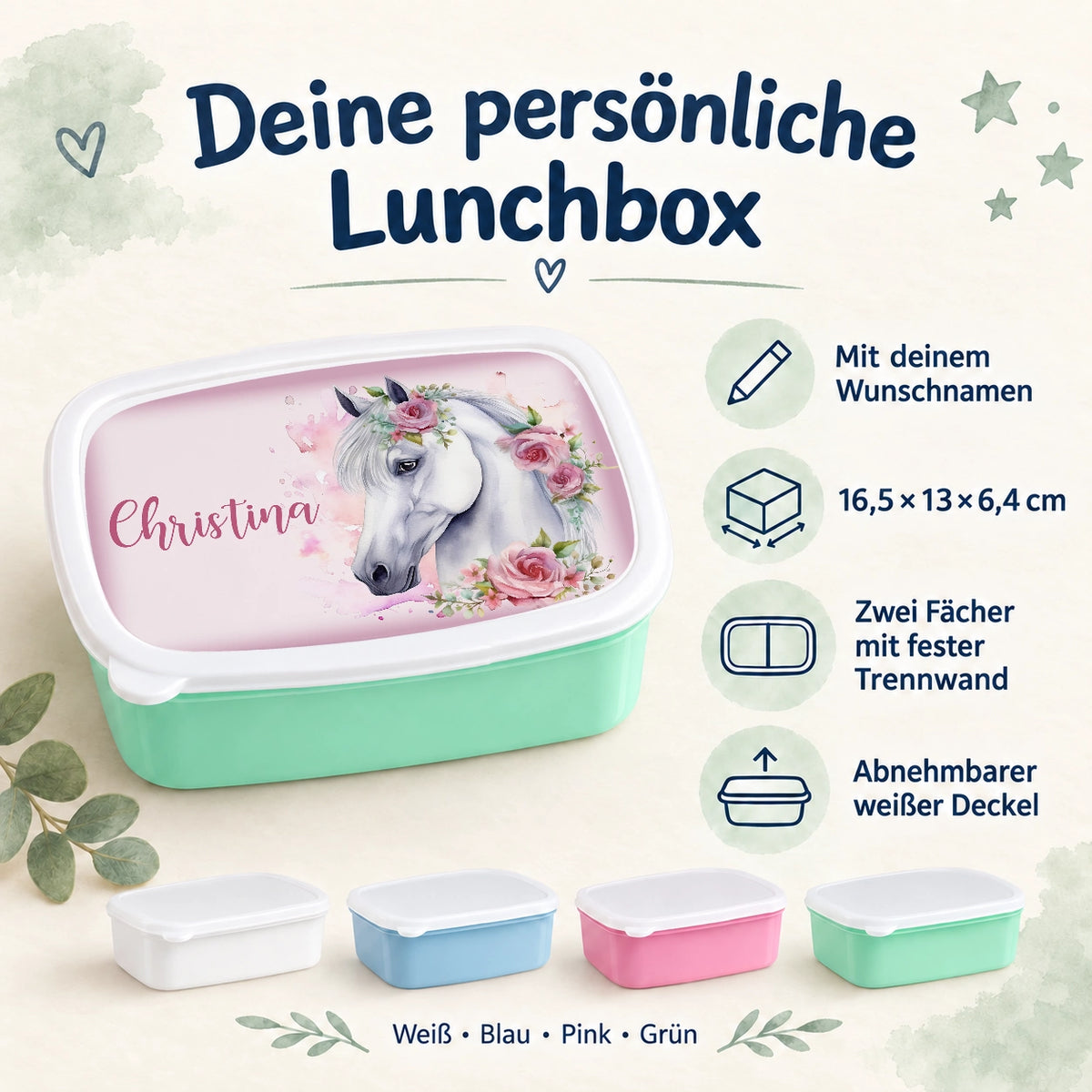 MUCKKI-PRO:07065b91536fff4d8dfb86c250ec5bf1c448a81f09d0bc52cc0f99e30169dc6a:Brotdose mit Namen Pferd 01 – Personalisierte Lunchbox für Schule & Kindergarten versch. Farben