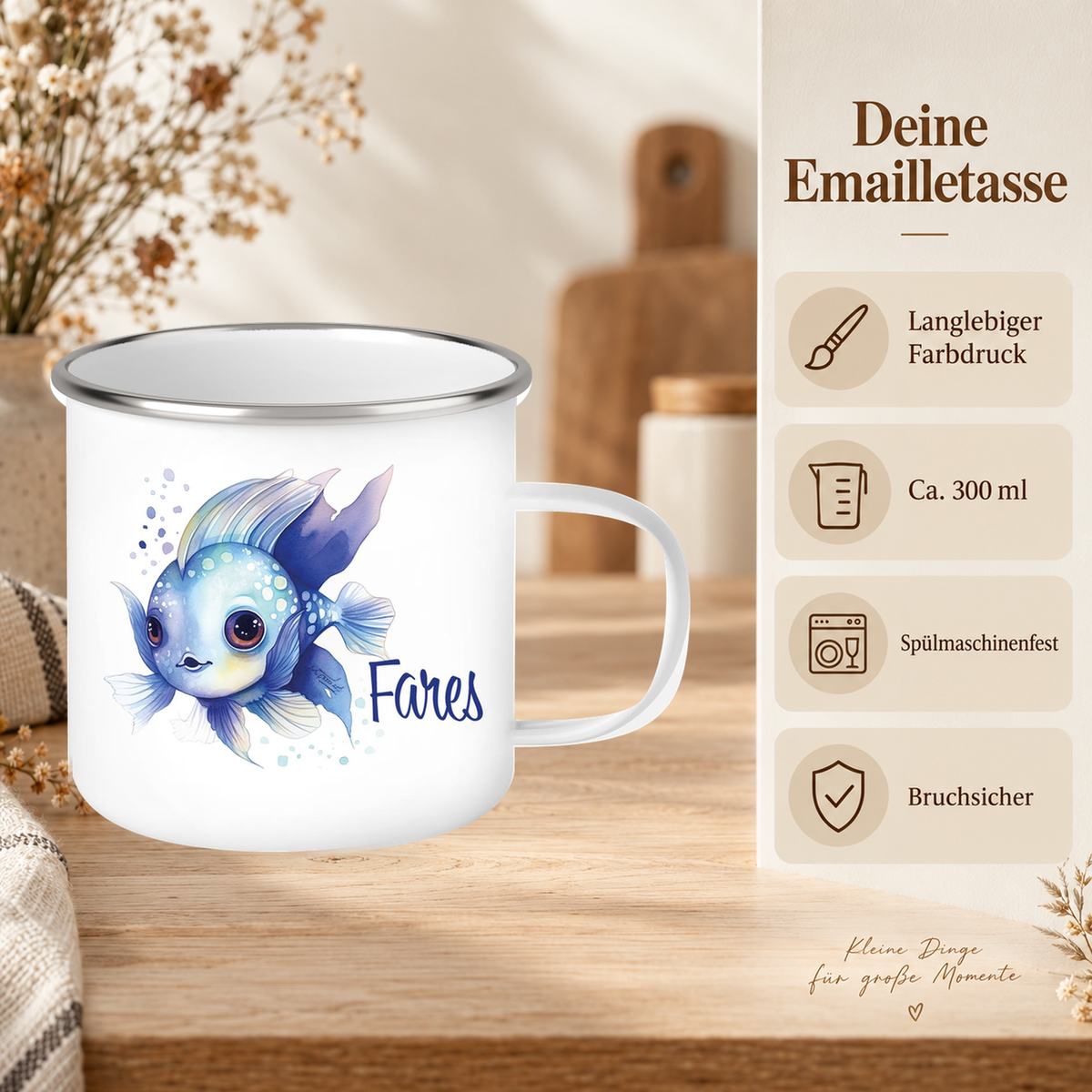MUCKKI-PRO:9fa27ef973bb1ab2551723327c61758d30f3b7fb30648eb32e6bbbd3e09d1551:Tasse Wunschname Meerestiere-Fisch 2 Emaille Kinderbecher