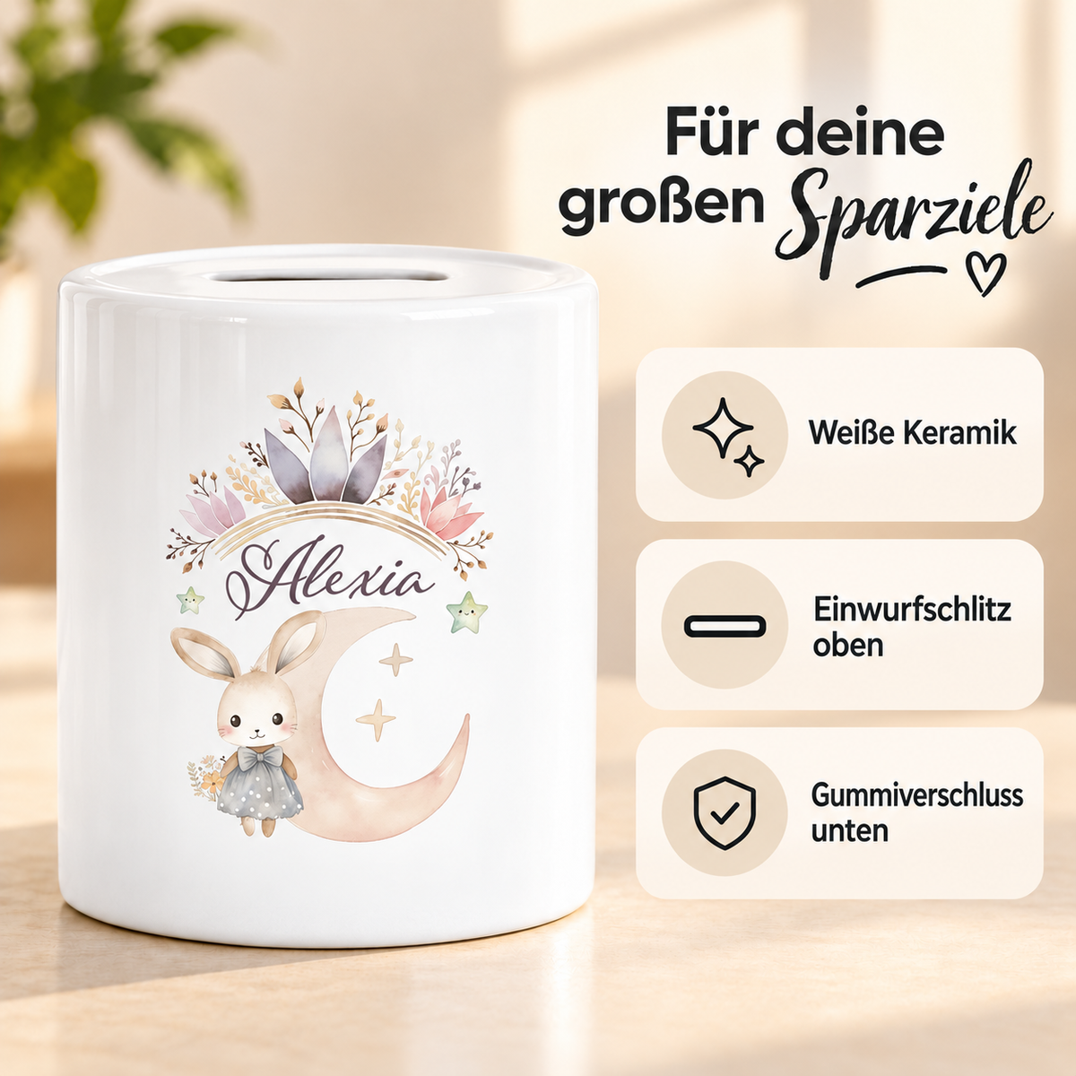 MUCKKI-PRO:8a85a8f581e6b61bccb19b74c8897d5cc9e7b6381801835a58682802c010b7b2:Spardose Hase Wunschname personalisiert