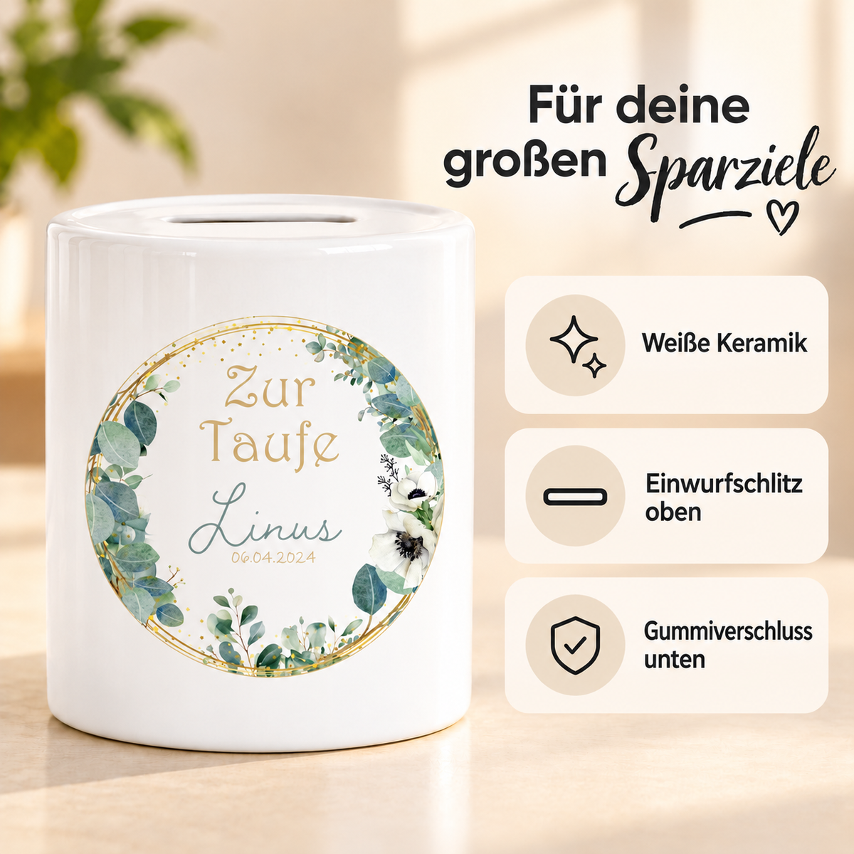 MUCKKI-PRO:841dd4355d031ac8c3c49687438442de9bfe430ae73ab667b5d891abc8d0c5b6:Spardose mit Wunschname Taufe Kreuz 2 personalisiert