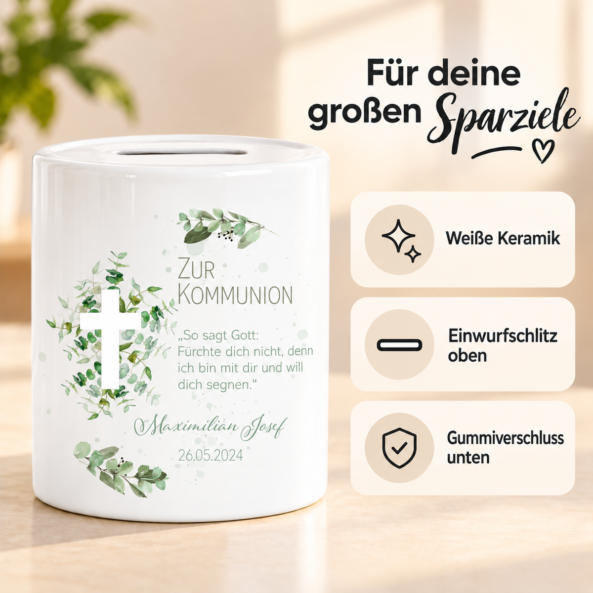 MUCKKI-PRO:fd53c541c7a32037455cc546c5554f20c3979c393ad2d35d4309761742c2f43f:Spardose zur Kommunion mit Wunschname Kreuz 1 Personalisiert