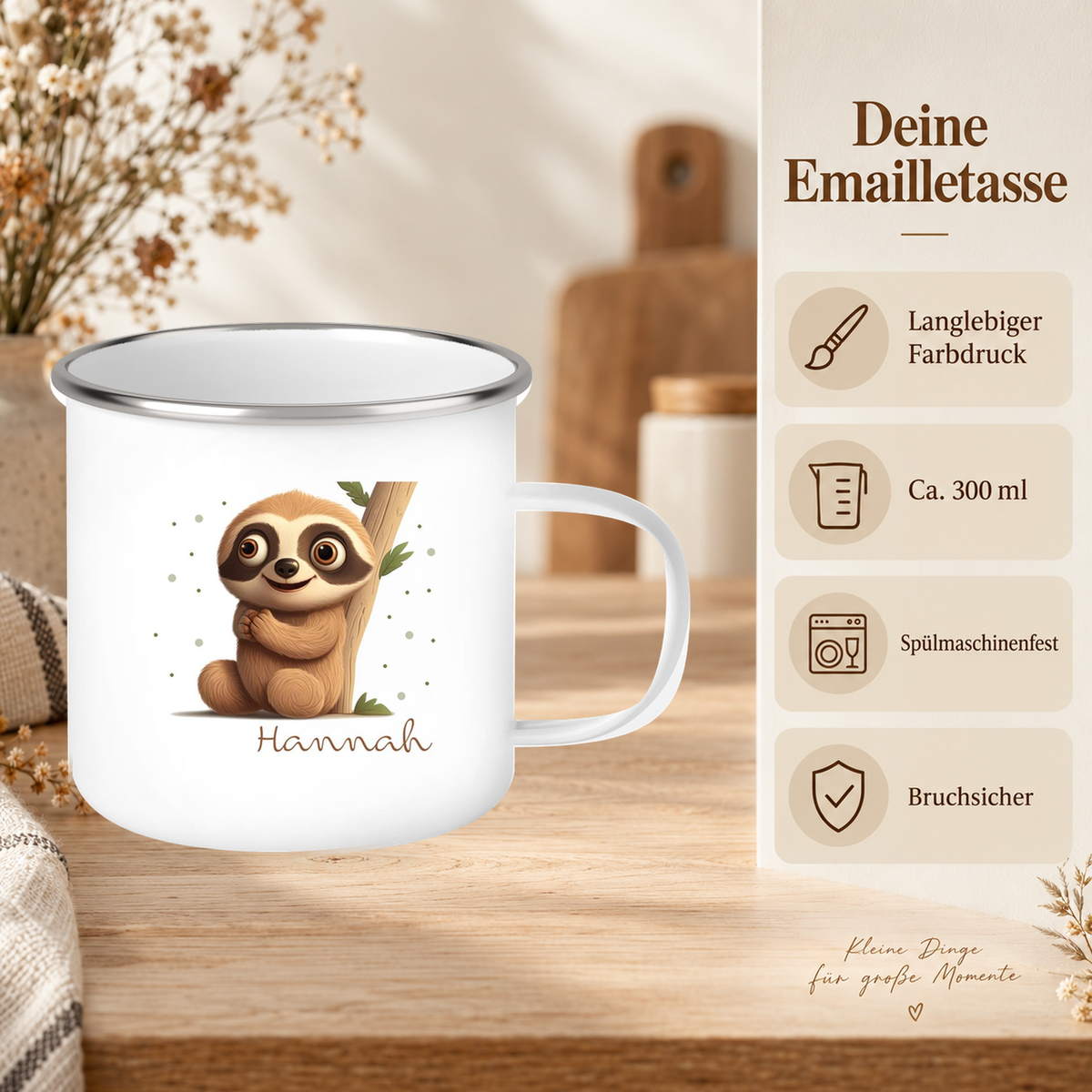 MUCKKI-PRO:44d160e9018e350030fbfcc9ca0223a1ca8d691ee596b1c132f226c1a06b539d:Tasse Wunschname Faultier-Baum Emaille Kinderbecher