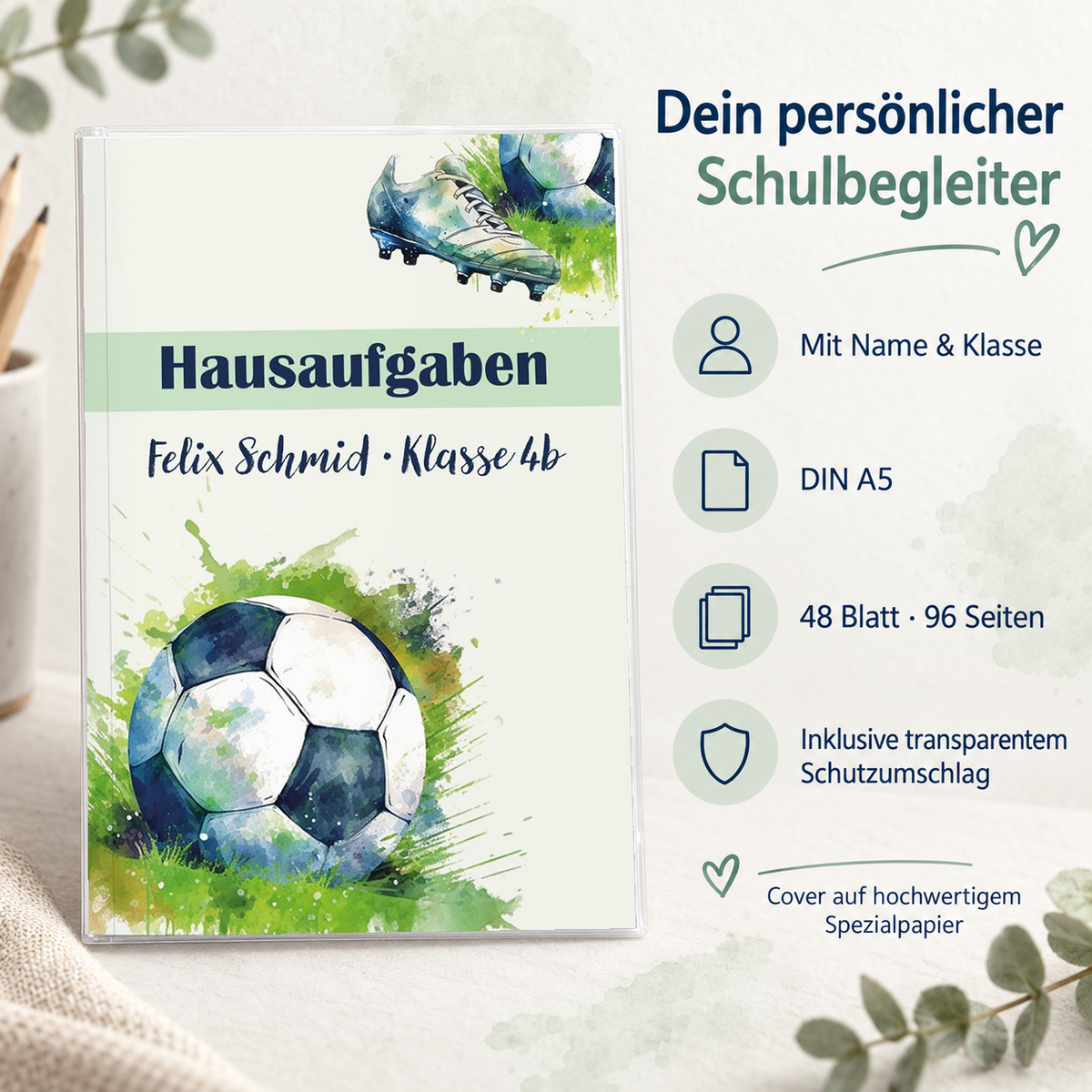 MUCKKI-PRO:a71824606bb8f3529a0664962894b1a8778a9a16fe06e0b1051f330f6716a4fd:Hausaufgabenheft Fußball 4 DIN A5 - 48 Blatt mit Name und Klasse