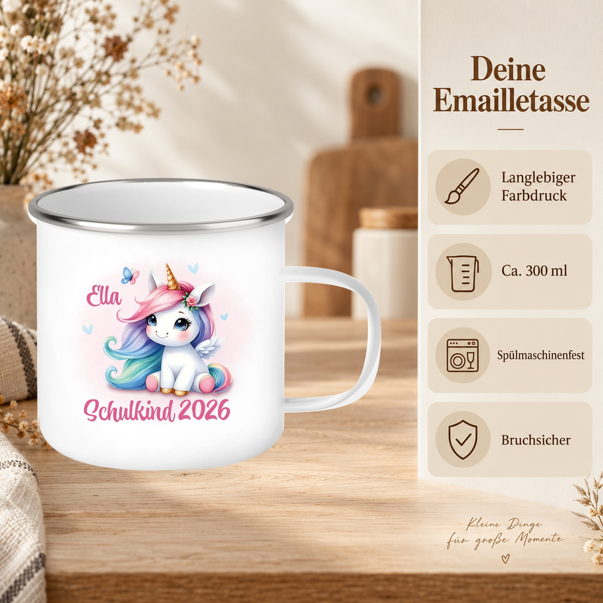 MUCKKI-PRO:aeaa8d437436f67c6f1c5b59db8ab41ae591069cede25b9143d59e4892c48e4b:Tasse Schulkind 09 Wunschname Einhorn 2 Emaille Kinderbecher Personalisiert