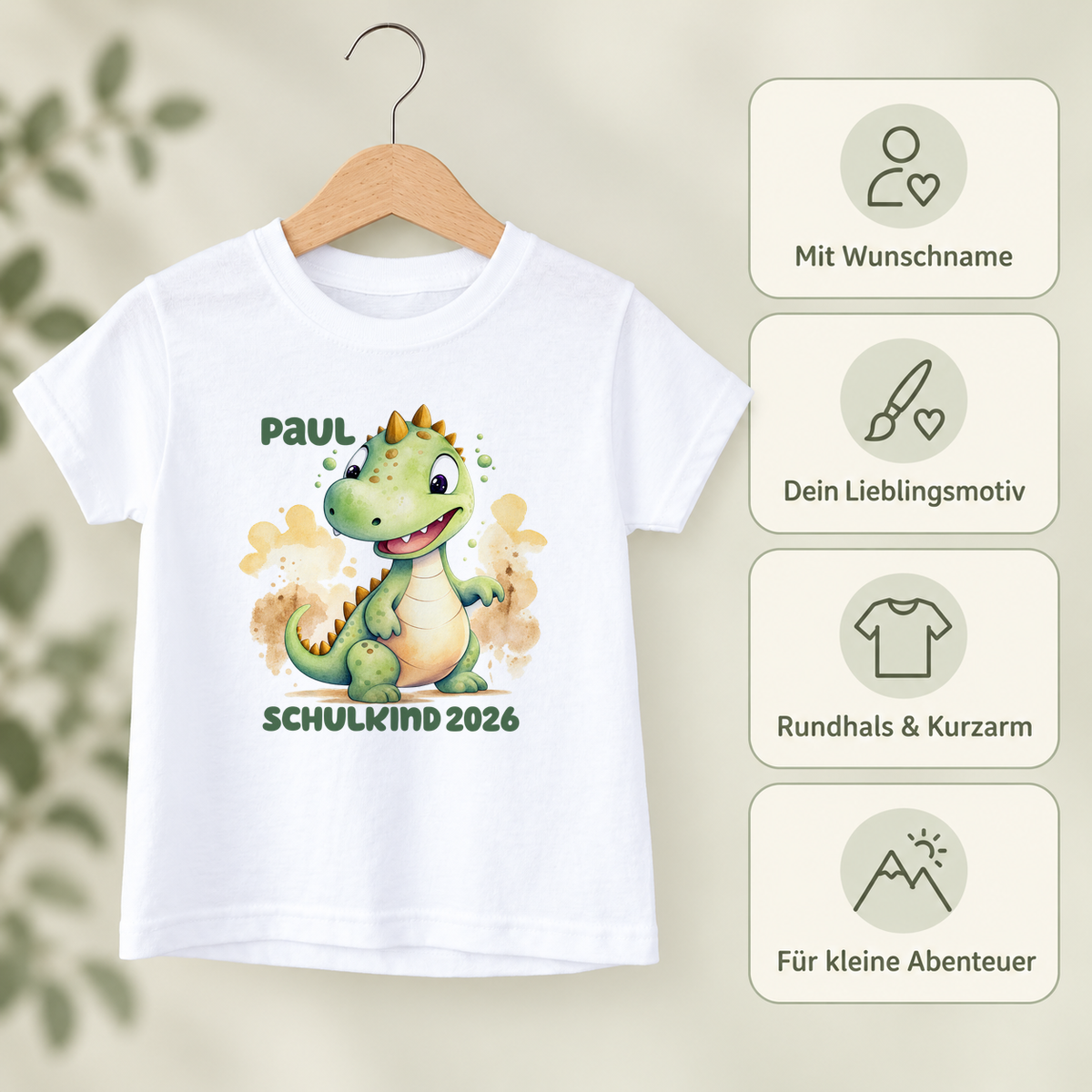 MUCKKI-PRO:8f71b69f979655c9bcf32625ef52406c0b230b159e87da8a71da1befcde02a78:T-Shirt Schulkind-Dino 1 Personalisiert mit Namen Kinder