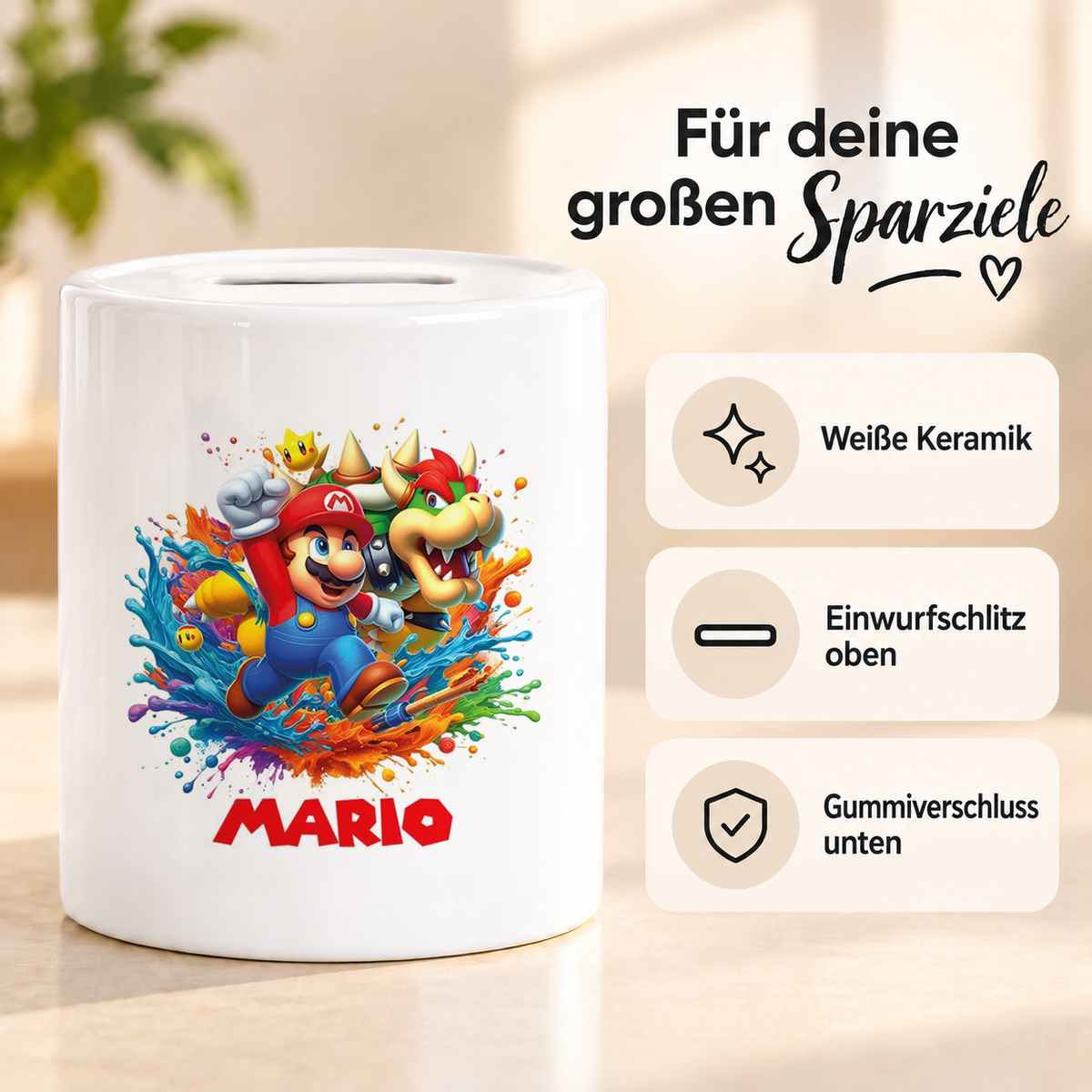 MUCKKI-PRO:e1b0634bfdc3da3c76d7743fb7b1a182f7b0ea4afb1ff50f3ddd94fcf4bac05e:Spardose Super Mario 5 Wunschname personalisiert