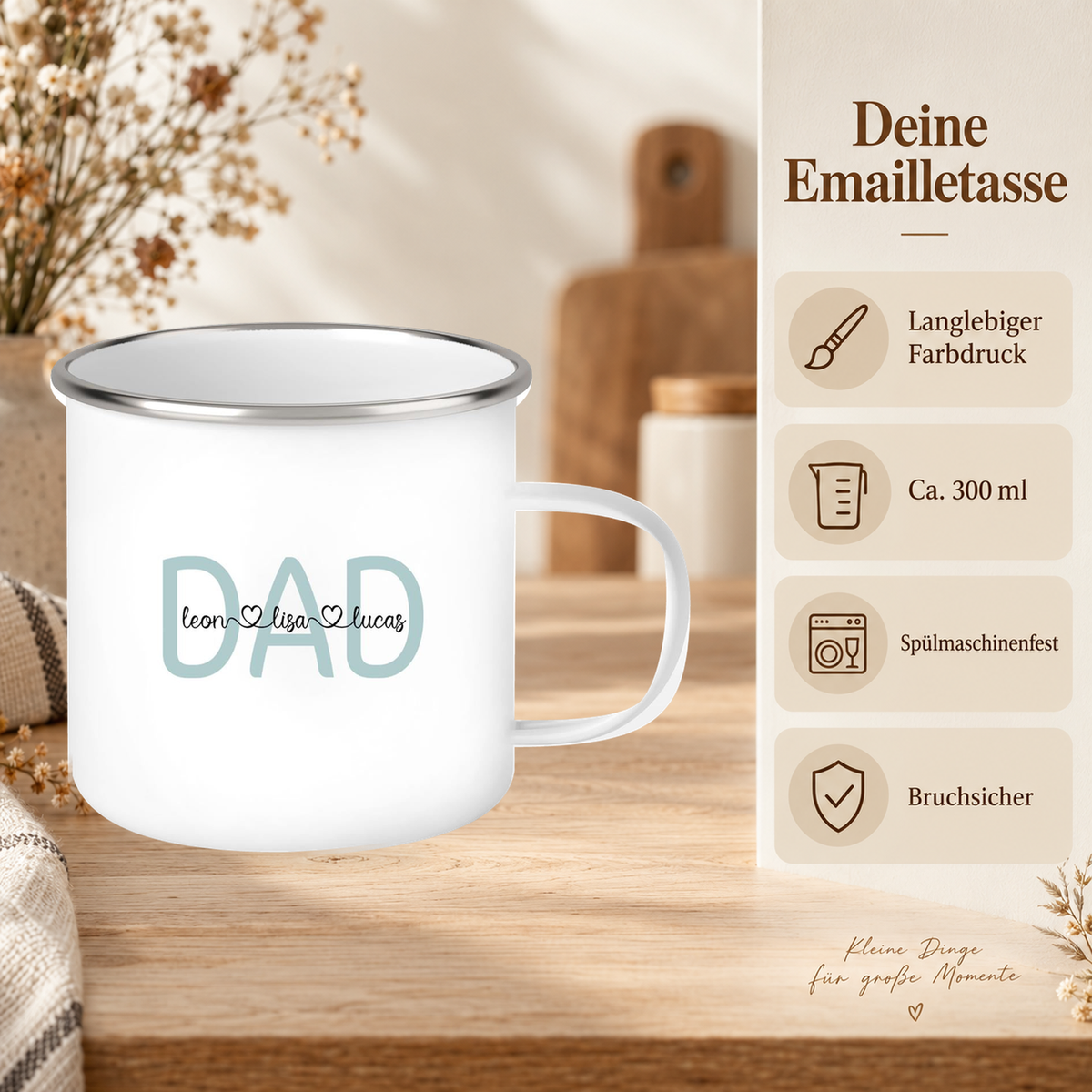 MUCKKI-PRO:0f87f09a2a5f0a9d9c311359a4d7f5cee822bef8b702efbb271e7ca7ea17b8d2:Tasse Vatertag 2 Wunschnamen Emaille Personalisiert