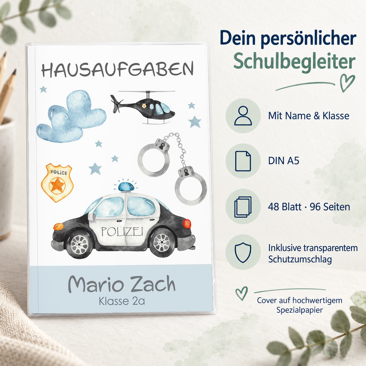 MUCKKI-PRO:24ff249f9ef23d38719c71ce9c0793e08d29ee0e8e2cf012de189b51c8963620:Hausaufgabenheft Polizei 1 DIN A5 - 48 Blatt mit Name und Klasse