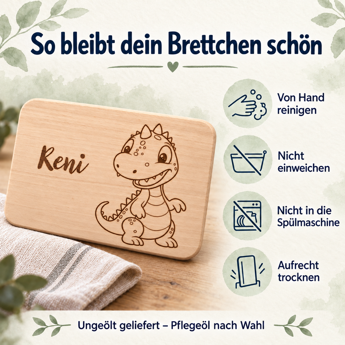 MUCKKI-PRO:f0f12ffbd17d6f757747811c51b40d8295c59786238914f1b2094112751f255e:Frühstücksbrett personalisiert Dino 3 ,Holzbrett, Brettchen personalisiert