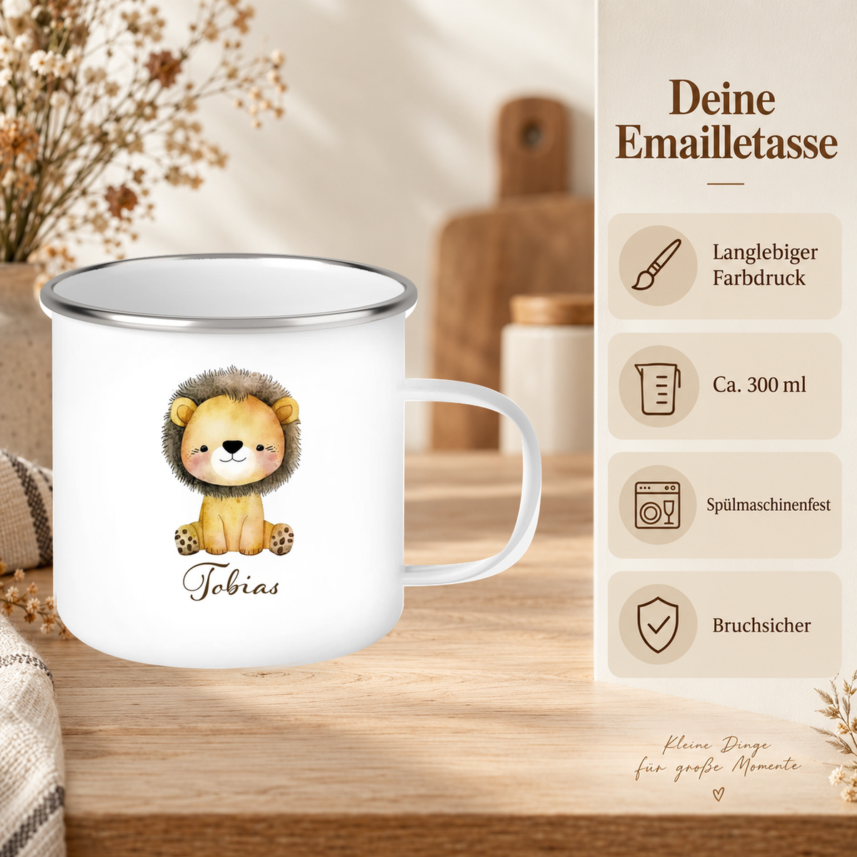 MUCKKI-PRO:e44b16cc37c099035a48c7897bcbcebc3442b06384baad6cf26134b20fa5306f:Tasse Wunschname Löwe 1 Emaille Kinderbecher