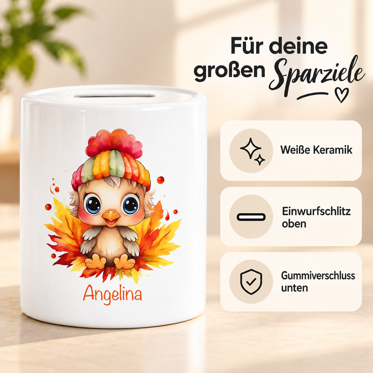 MUCKKI-PRO:1a0baefee8746cf2b78144a051dc6122db3dcce38ee16e6b84b81e8129dc00db:Spardose mit Wunschname Kücken 1 personalisiert