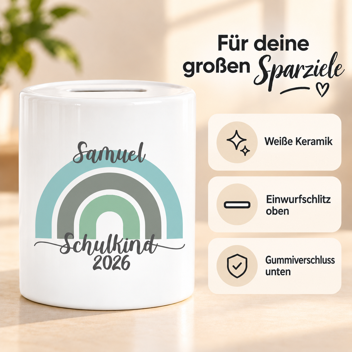 MUCKKI-PRO:e55cd59b40e413c7fed676dceeced8df1f2e41a9edf7d35a402db60dbe2fc865:Spardose mit Wunschname Schulanfang 5 Regenbogen personalisiert