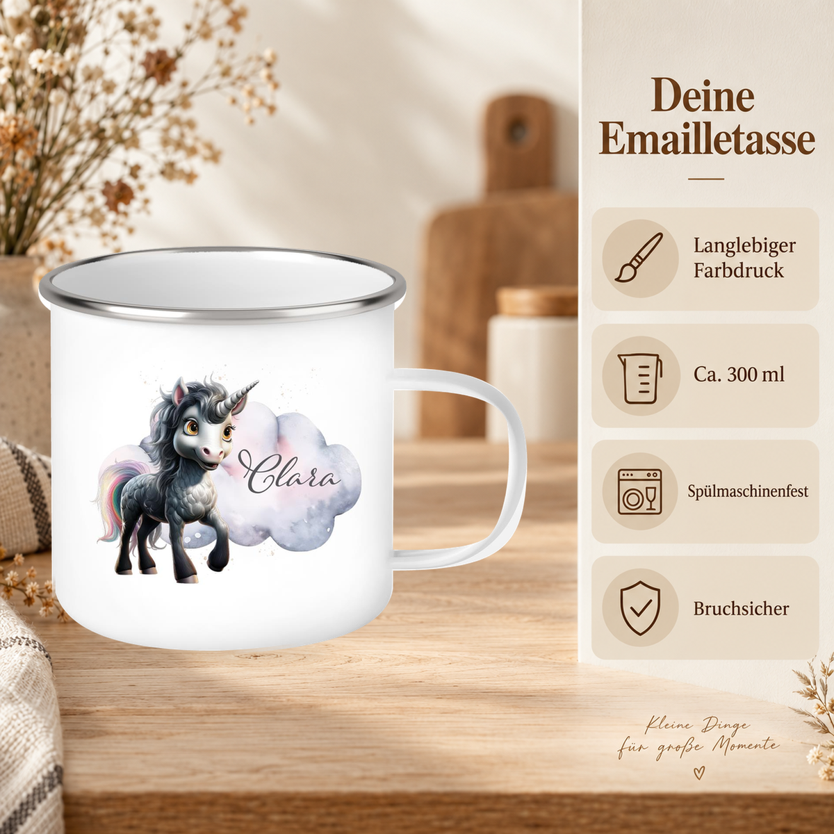 MUCKKI-PRO:3587d8fc6a612a1774662c0970e259118c7ae3046d3848c8b4f8a53954116cc7:Tasse Einhorn 7 Wunschname Emaille Kinderbecher personalisiert