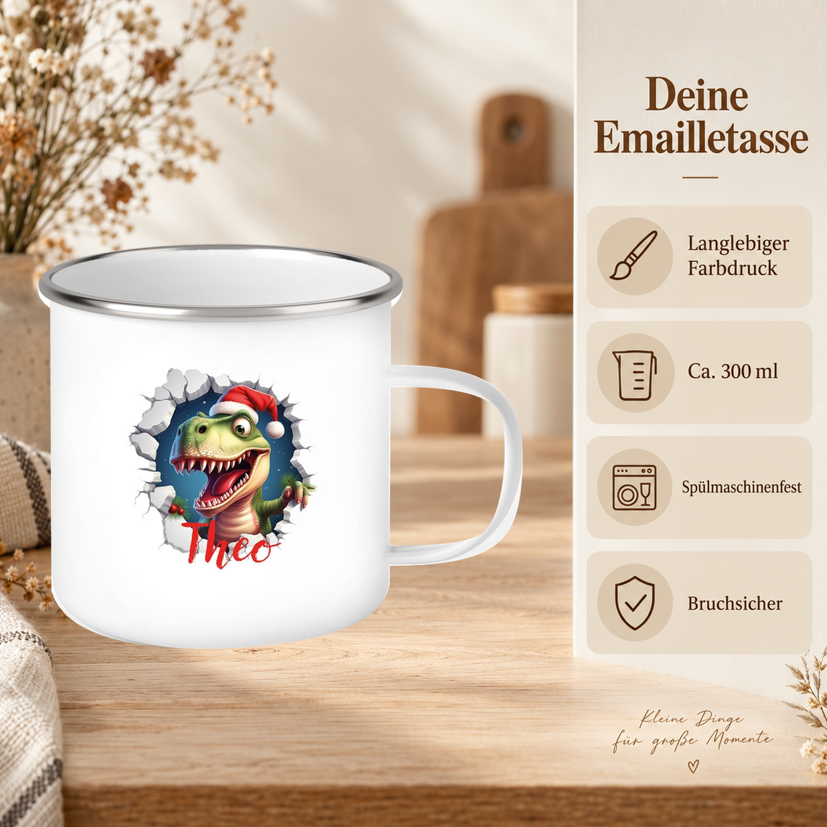 MUCKKI-PRO:211a07c5f9b1d5ddf2032ac3237646bd669e9c23b4211ec658d782eb6d910bdb:Tasse Wunschname Christmas Dino 1 Emaille Kinderbecher