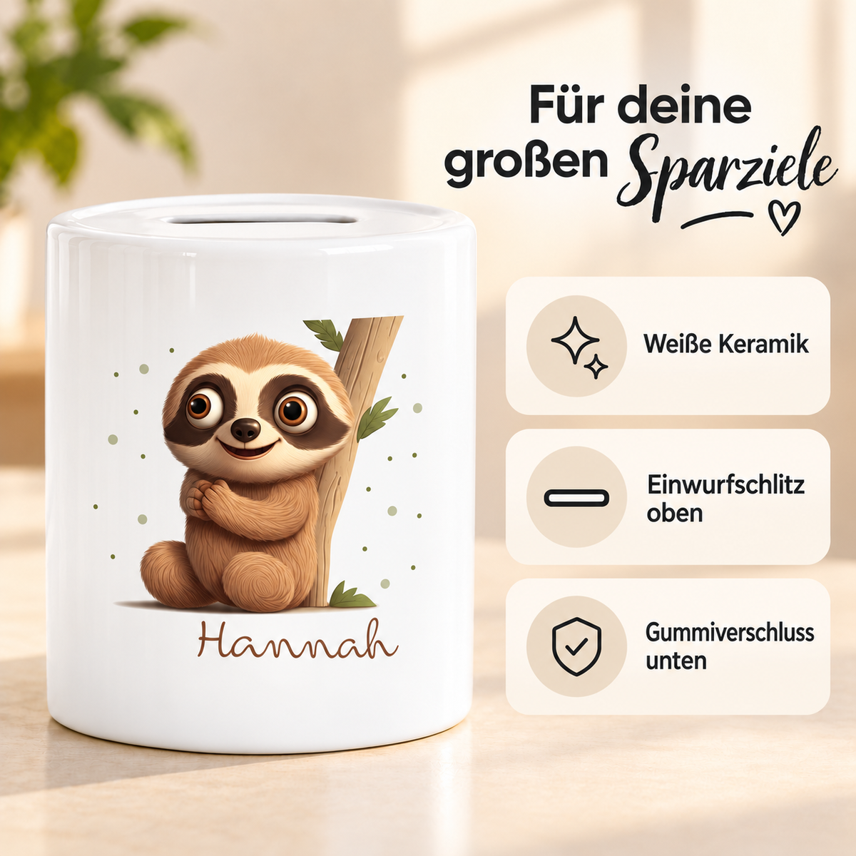 MUCKKI-PRO:4f75e4a036374eb6455fdffb0801e103a016ad0eea3587cbf4ef789e8f738885:Spardose mit Wunschname Faultier-Baum personalisiert