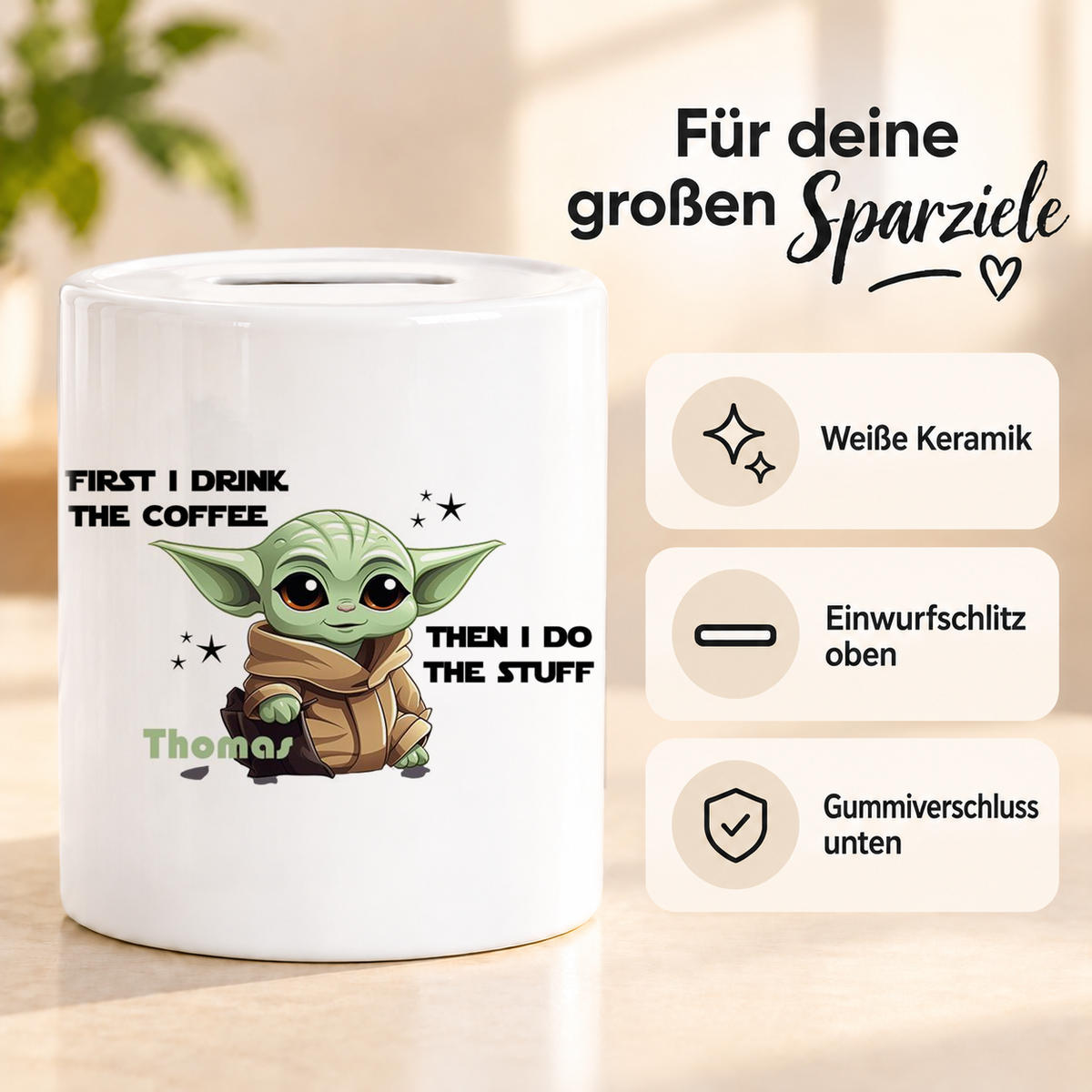 MUCKKI-PRO:aacfdf2ea47e26d3de65815459fdb49682b97951e800b82449635968a9413ff2:Spardose Baby-Yoda 2 Wunschname personalisiert