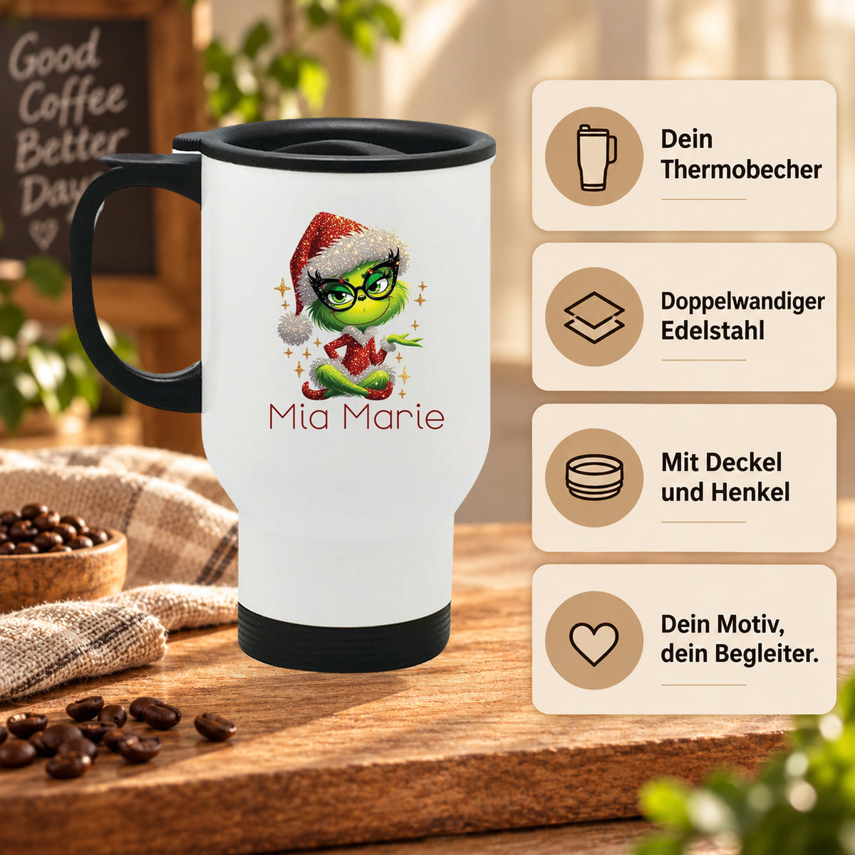 MUCKKI-PRO:ae64c77de2f6b7232c6691f47bbe24b5ceb6f754444b714372cdcb3b236610bb:Edelstahl-Thermobecher mit Deckel Weihnachten Lady-Grinch 4 personalisiert weiß
