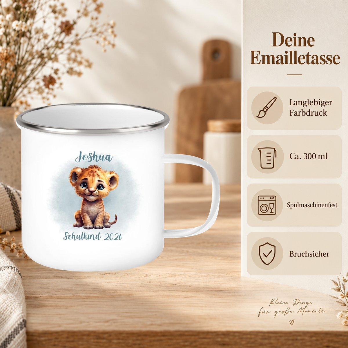MUCKKI-PRO:346f86bc884cd9fb473930631b08e3e5677db013c08c43d04c3c2f465f551576:Tasse Schulkind 07 Wunschname Tiger 1 Emaille Kinderbecher Personalisiert