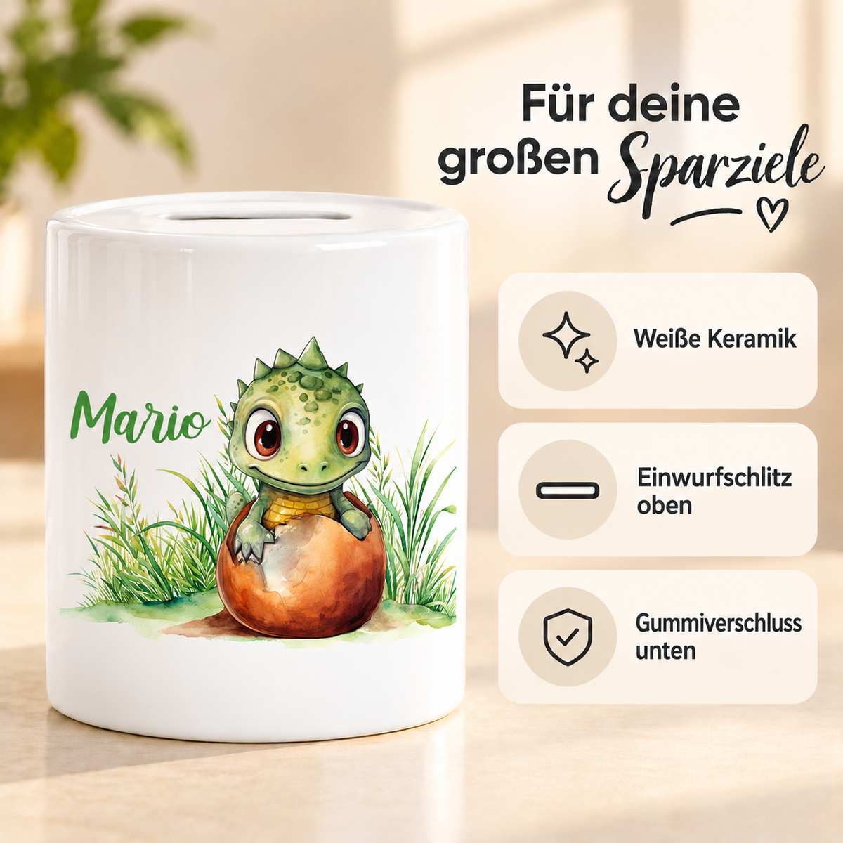 MUCKKI-PRO:1f3fcd2f3745da4a212a9368fe38f0ec1a1833e00274eeae6ced152ace9fc21e:Spardose mit Wunschname Dino 7 personalisiert