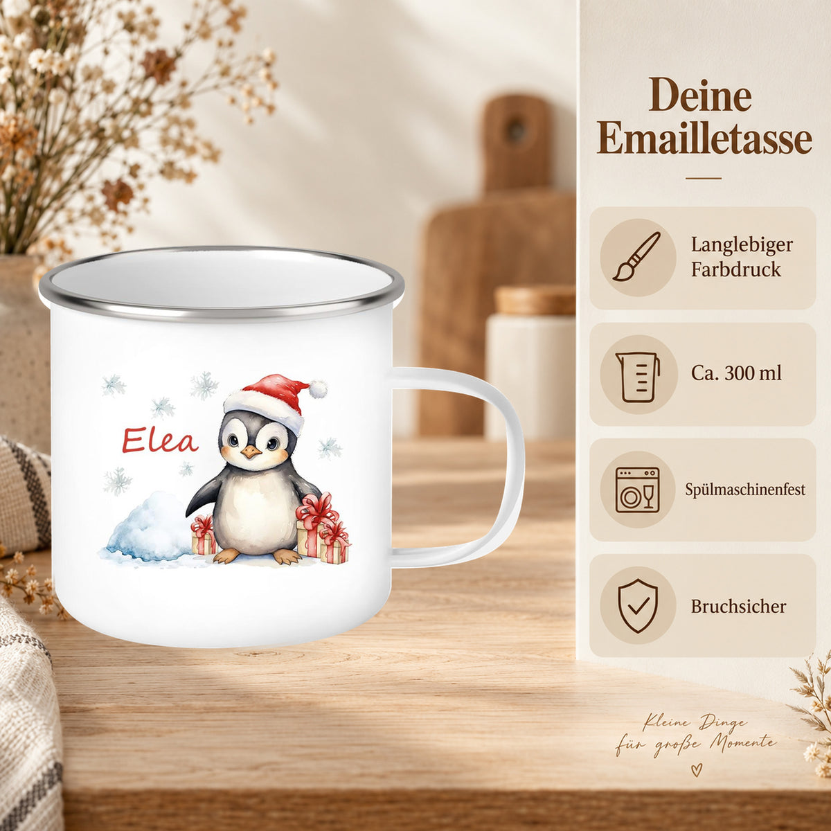 MUCKKI-PRO:e646eef056b06a151ba9d4317229e5c8e05c2ed3209eb5f68b02bd68ed211664:Tasse Wunschname Weihnachten Pinguin 1 Emaille Kinderbecher