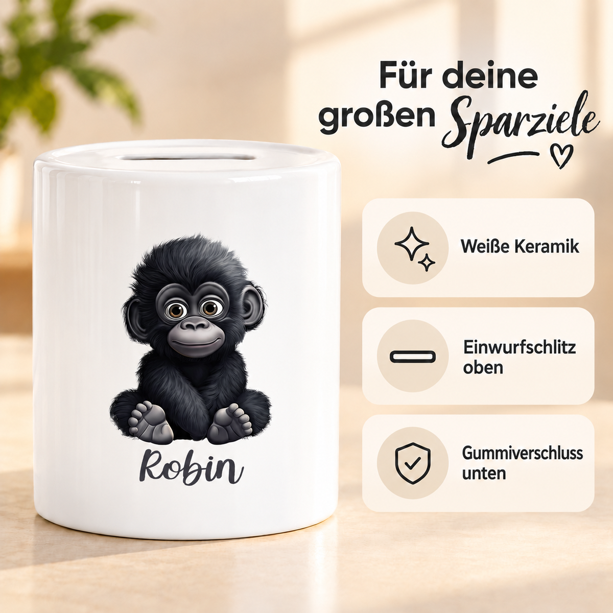 MUCKKI-PRO:f05443c7b77720e92233ef84618097f57310c6c68ceaa90bd438e9808d189ea7:Spardose mit Wunschname Gorilla 1 personalisiert