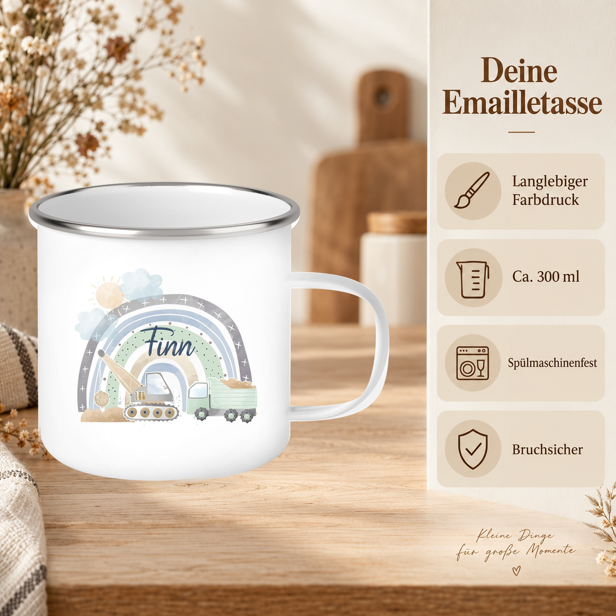 MUCKKI-PRO:60f3d1be4d5106bdb41394ed0b76a8afc4ffbf9121a2682a160be927216f2ca4:Tasse Wunschname Baustelle Regenbogen 1 Emaille Kinderbecher