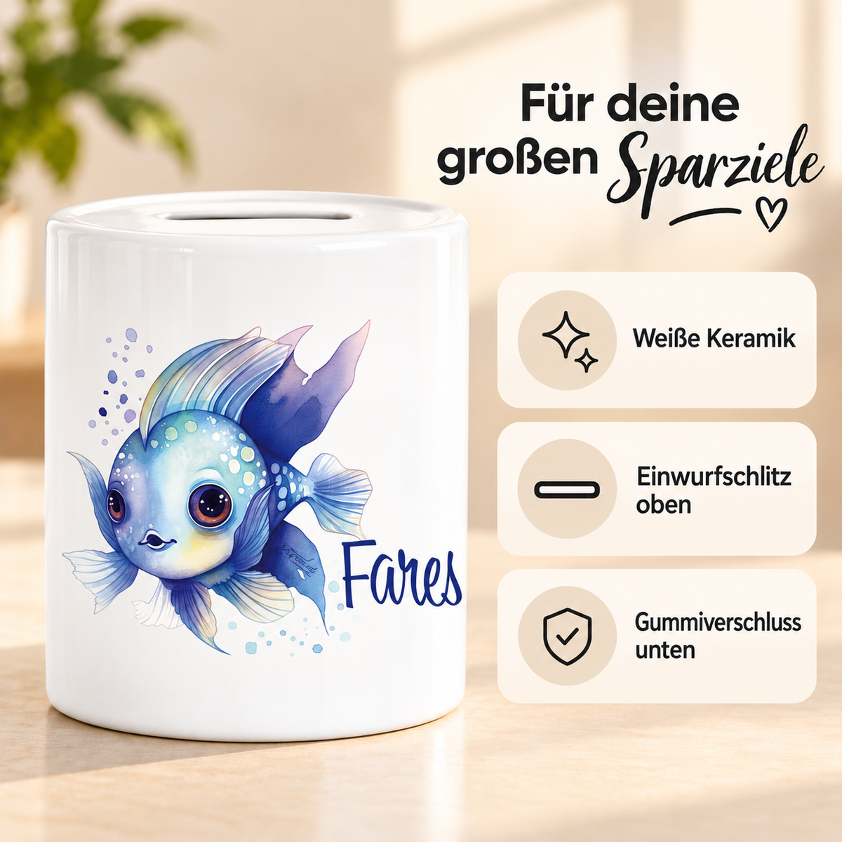 MUCKKI-PRO:8c75c024434f021820a173640e793f3b8d0e960522fec900df8c35d1ef985859:Spardose mit Wunschname Meerestiere Fisch 2 personalisiert